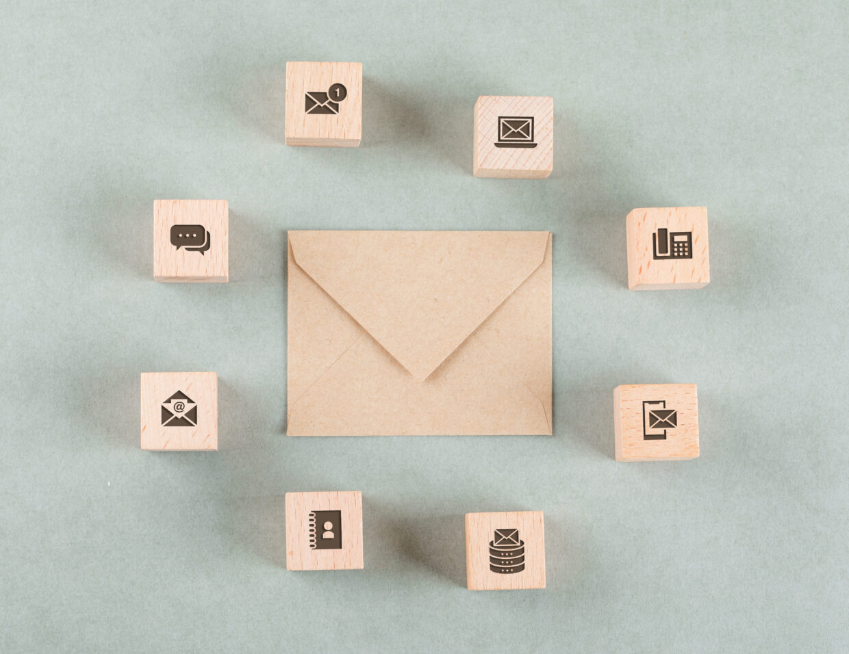 Conceptual of management with wooden cubes, envelope on sage color background flat lay. horizontal image